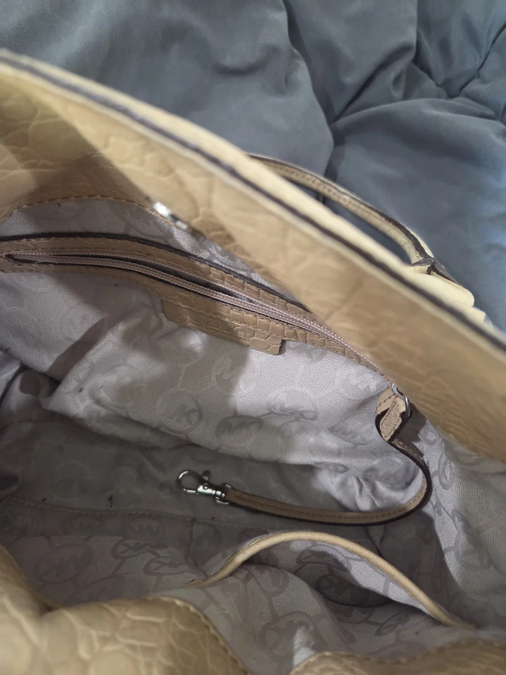 Michael Kors Beige Croc-Embossed Satchel with Silver Hardware